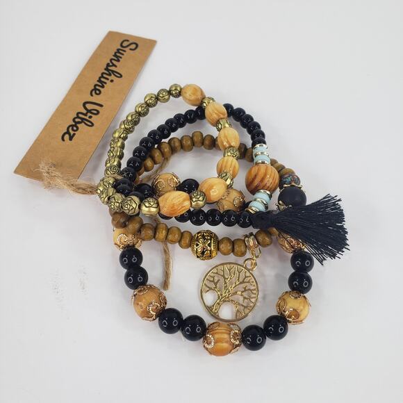 Black Beaded Boho Stretch Bracelet 4 pc Tree of Life Charm Bohemian One Size - Picture 7 of 9